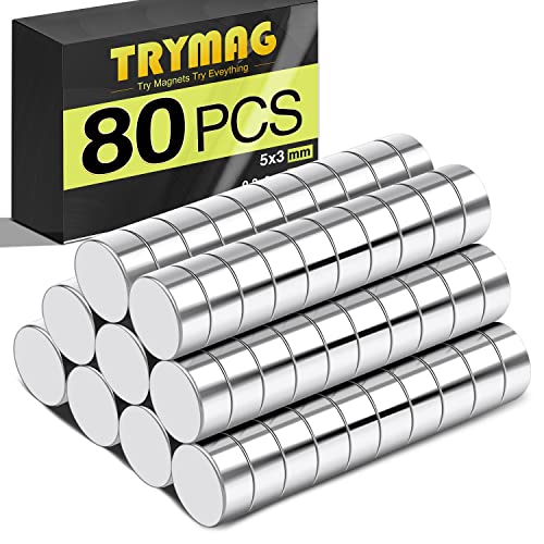 TRYMAG 80 قطعة مغناطيس ثلاجة صغير 5x3 مم، مغناطيس قرص نيديميوم قوي صغير، مغناطيسات للثلاجة، لوح الكتابة، لافتة، لوح جاف، مكتب - Image 1