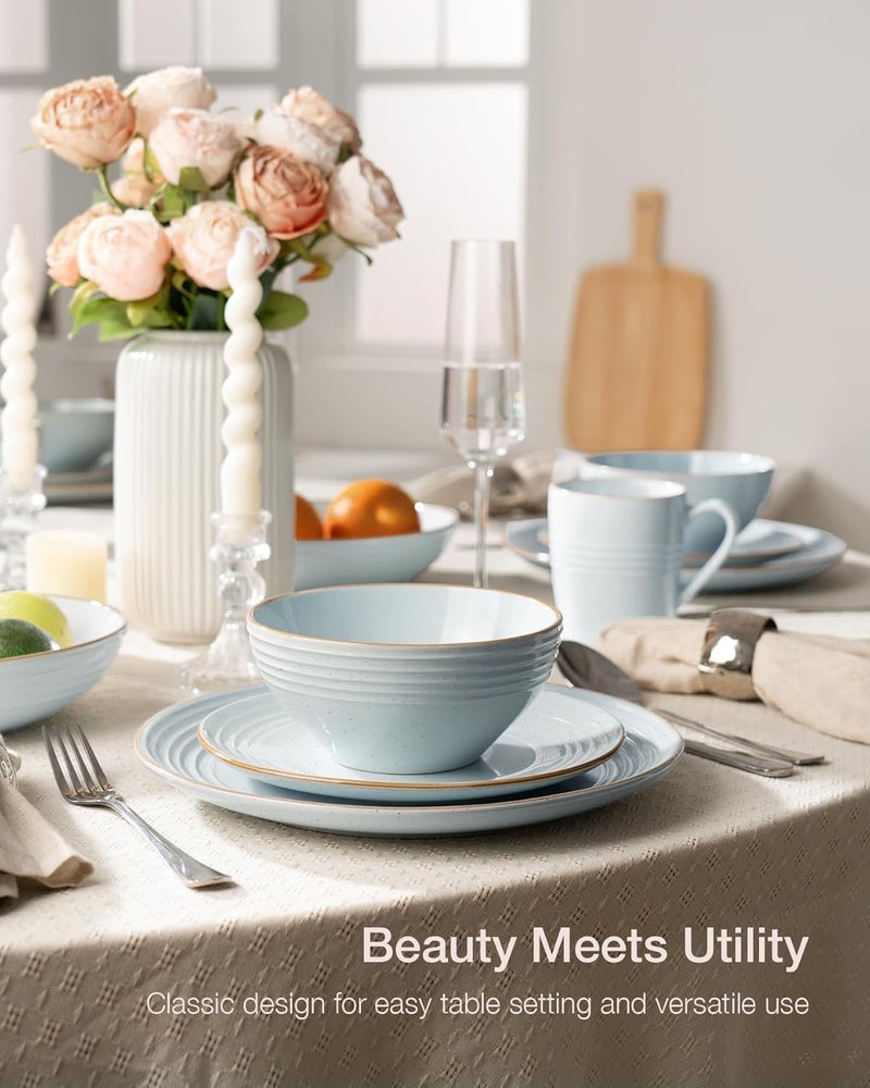 Famiware Jupiter Dinnerware Set Plates and Bowls Dish Sets for 4 12 Pieces Microwave and Dishwasher Safe Stoneware Tableware Chip and Scratch Resistant Light Blue - Image 3