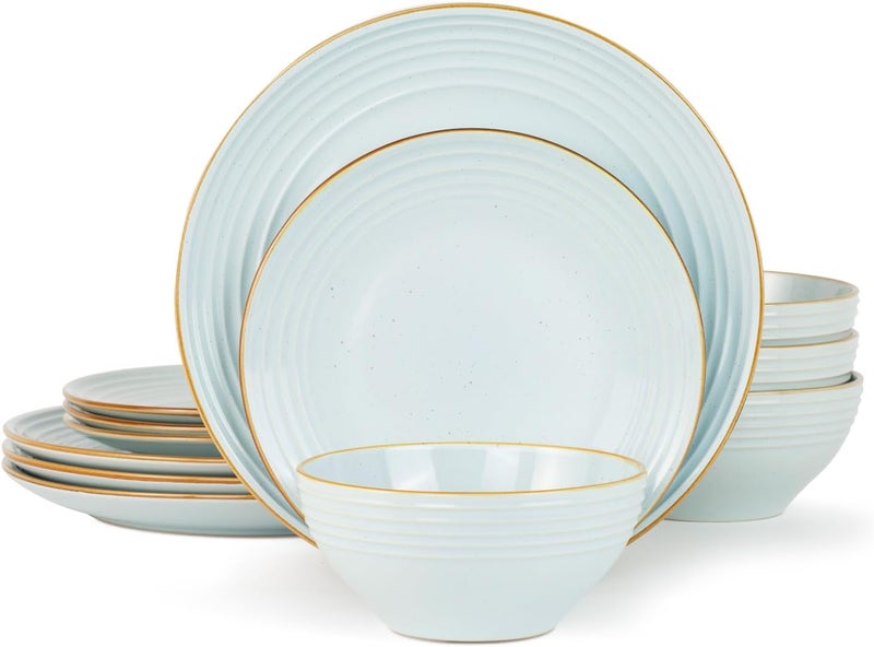 Famiware Jupiter Dinnerware Set Plates and Bowls Dish Sets for 4 12 Pieces Microwave and Dishwasher Safe Stoneware Tableware Chip and Scratch Resistant Light Blue - Image 1