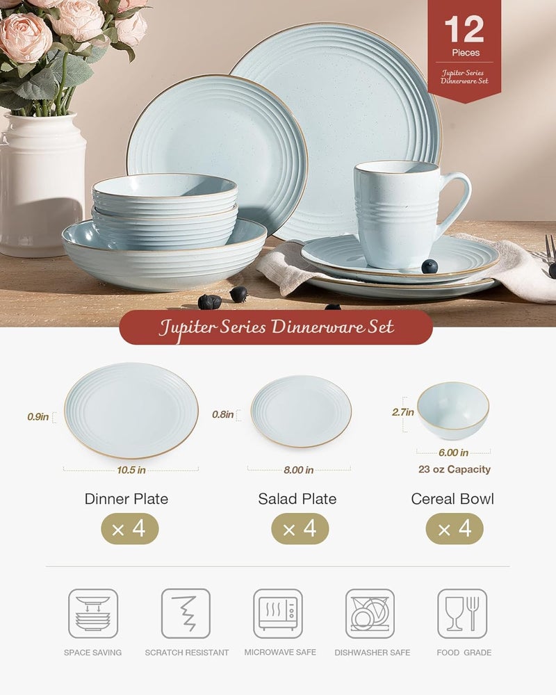 Famiware Jupiter Dinnerware Set Plates and Bowls Dish Sets for 4 12 Pieces Microwave and Dishwasher Safe Stoneware Tableware Chip and Scratch Resistant Light Blue - Image 2
