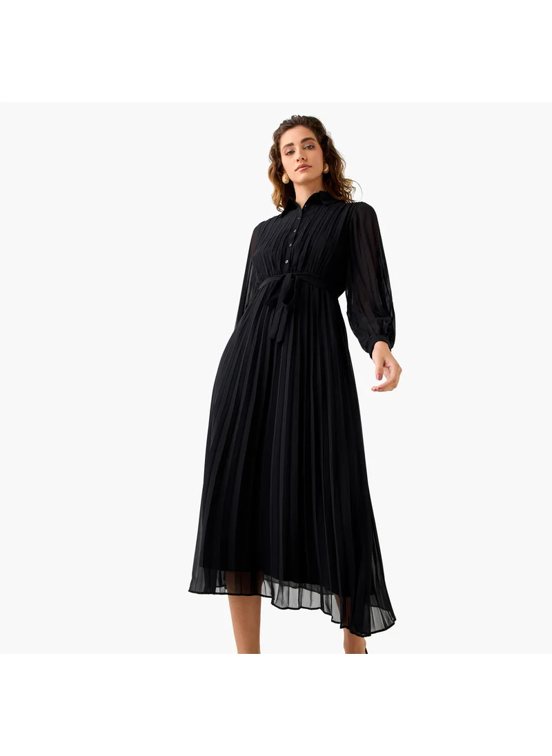 Splash FAV Pleated Midi Dress with Collar and Tie-Up Belt