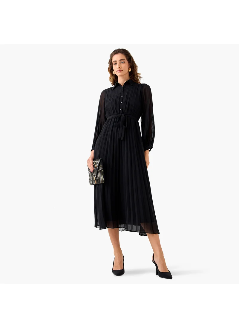 Splash FAV Pleated Midi Dress with Collar and Tie-Up Belt