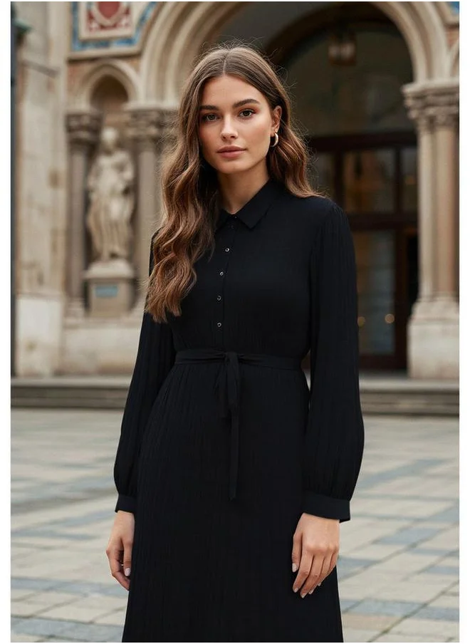 فاف Pleated Midi Dress with Collar and Tie-Up Belt