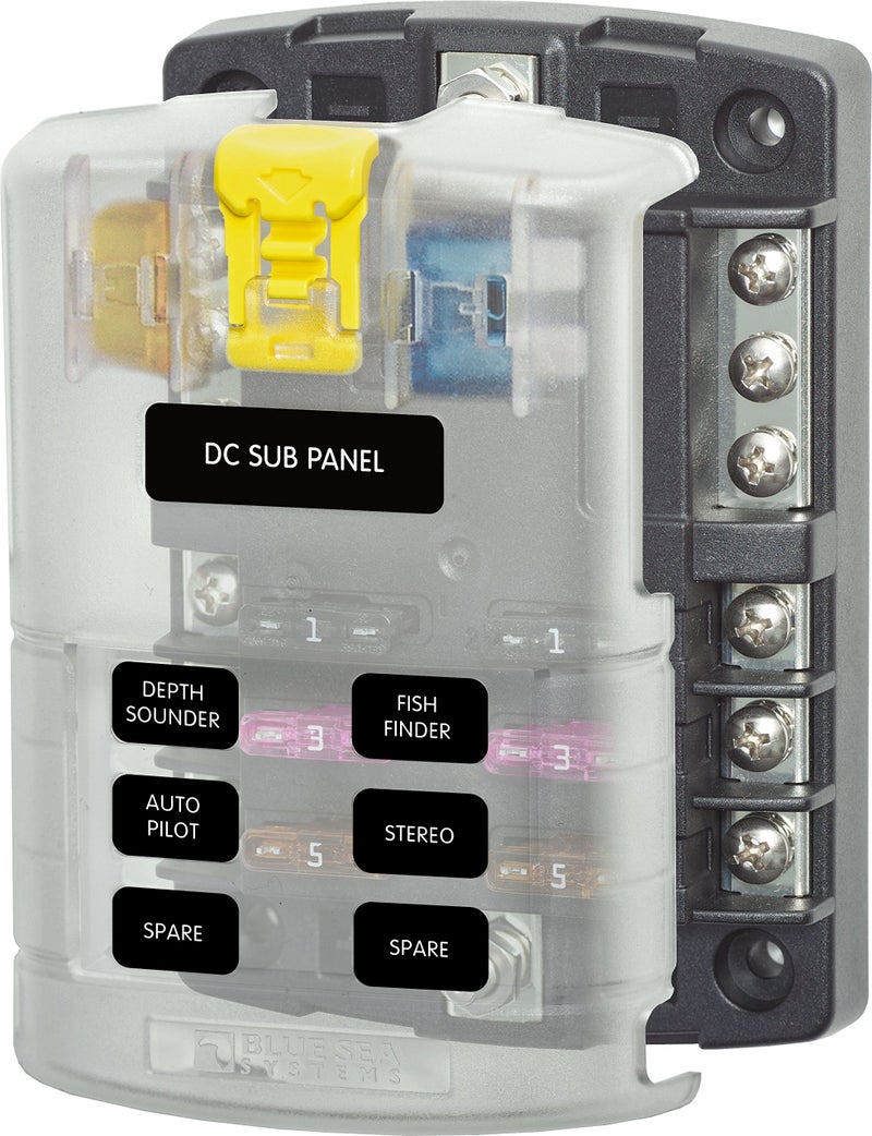 Blue Sea Systems 5025 ST Blade Fuse Block 6 Way Circuits with Negative Bus and Cover, 100 Amps - Image 1