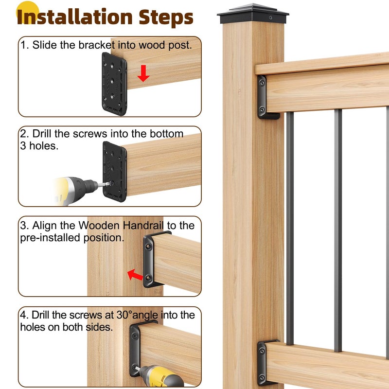 toscoco 30 Pcs Deck Railing Bracket Connectors for 2"×4“ (Actually 1.5”x3.5“) Wood Post to Handrail Connection, Railing Connectors with 210 Pcs Galvanized Black Screws for Wooden Stair Fence Railings - Image 4