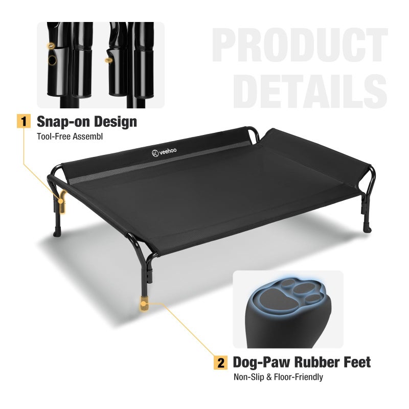 Veehoo Cooling Elevated Dog Bed, Raised Pet Cot with Guardrail & Slope Headrest, Durable & Breathable Teslin Mesh, Non-Slip Feet, Washable Dog Sofa Bed for Indoor & Outdoor, Large 47" x 32", Black - Image 4