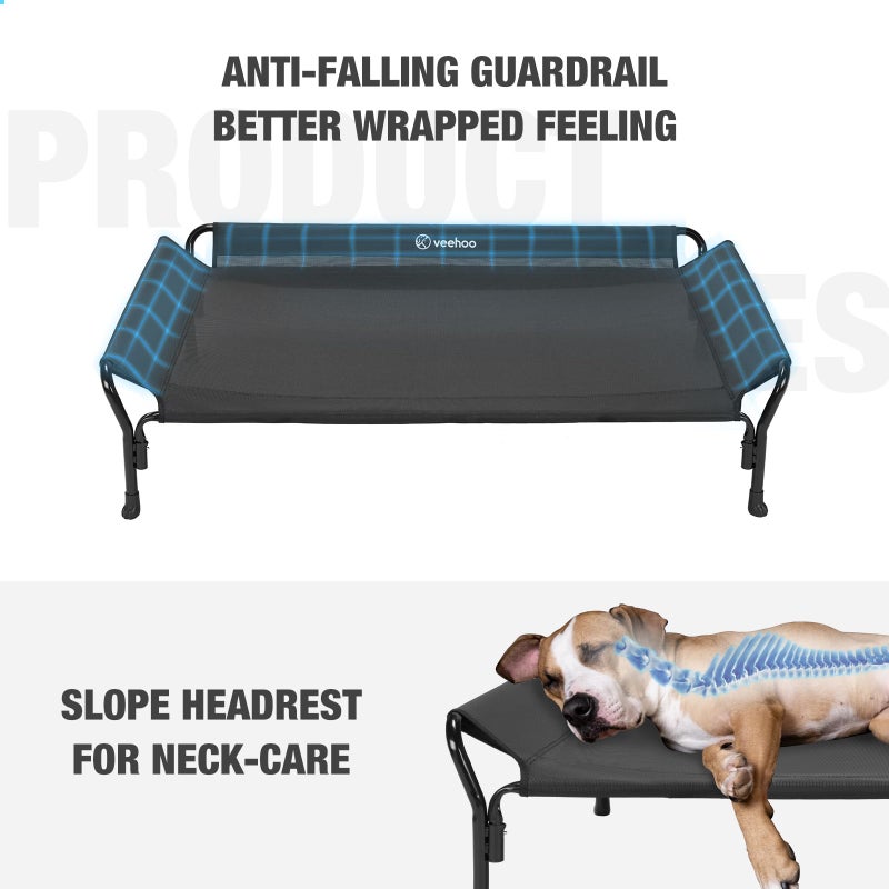 Veehoo Cooling Elevated Dog Bed, Raised Pet Cot with Guardrail & Slope Headrest, Durable & Breathable Teslin Mesh, Non-Slip Feet, Washable Dog Sofa Bed for Indoor & Outdoor, Large 47" x 32", Black - Image 2