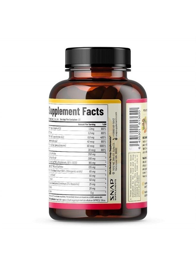 SNAP SUPPLEMENTS - Metabolism and Natural Energy Supplements for Fatigue, Stress Relief, Energy Booster & Better Mood, Energy Pills for Women & Men, Ginger, Turmeric, Rhodiola Rosea + More Herbs & Vitamins (60 Capsules) - Image 1