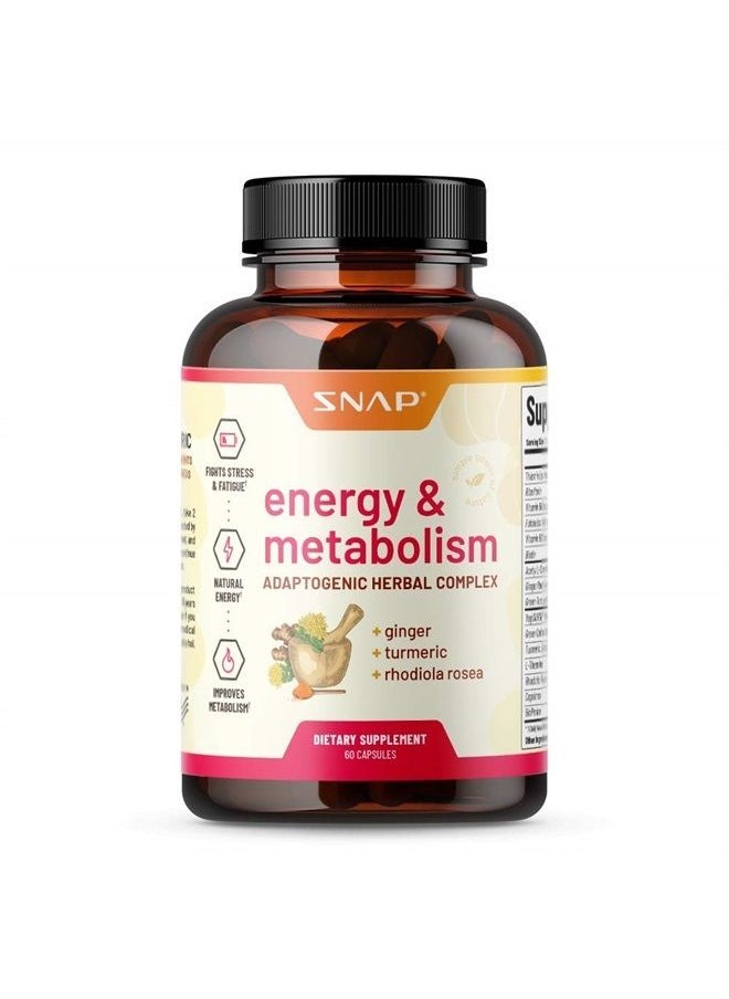 SNAP SUPPLEMENTS - Metabolism and Natural Energy Supplements for Fatigue, Stress Relief, Energy Booster & Better Mood, Energy Pills for Women & Men, Ginger, Turmeric, Rhodiola Rosea + More Herbs & Vitamins (60 Capsules) - Image 1