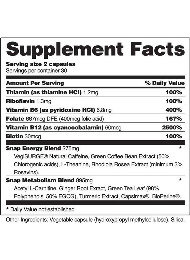 SNAP SUPPLEMENTS - Metabolism and Natural Energy Supplements for Fatigue, Stress Relief, Energy Booster & Better Mood, Energy Pills for Women & Men, Ginger, Turmeric, Rhodiola Rosea + More Herbs & Vitamins (60 Capsules) - Image 1