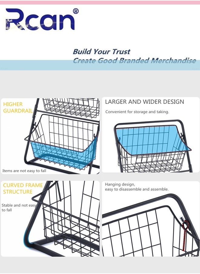 Rcan - 2 Tier Fruit Basket, Fruit Holder for Kitchen Countertop, Kitchen Counter Metal Fruit Stand Holder with 2 Detachable Hanging Storage Basket, Fruit Vegetable Bowl, Fruits Vegetable Bread Snacks Storage Organizer - Image 1