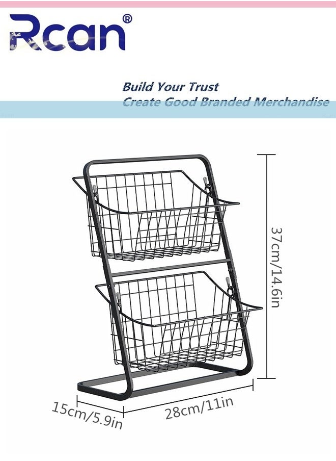 Rcan - 2 Tier Fruit Basket, Fruit Holder for Kitchen Countertop, Kitchen Counter Metal Fruit Stand Holder with 2 Detachable Hanging Storage Basket, Fruit Vegetable Bowl, Fruits Vegetable Bread Snacks Storage Organizer - Image 1