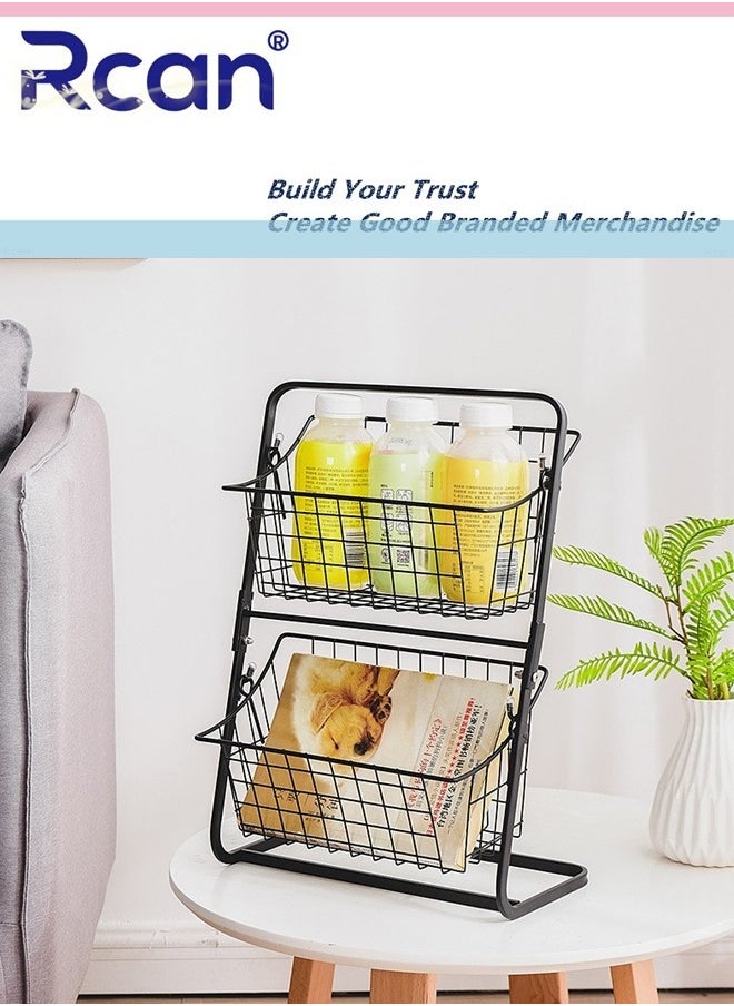 Rcan - 2 Tier Fruit Basket, Fruit Holder for Kitchen Countertop, Kitchen Counter Metal Fruit Stand Holder with 2 Detachable Hanging Storage Basket, Fruit Vegetable Bowl, Fruits Vegetable Bread Snacks Storage Organizer - Image 1