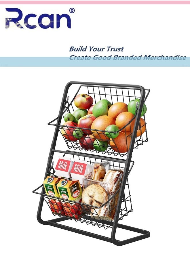 Rcan - 2 Tier Fruit Basket, Fruit Holder for Kitchen Countertop, Kitchen Counter Metal Fruit Stand Holder with 2 Detachable Hanging Storage Basket, Fruit Vegetable Bowl, Fruits Vegetable Bread Snacks Storage Organizer - Image 1