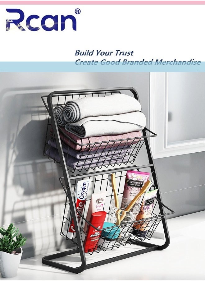 Rcan - 2 Tier Fruit Basket, Fruit Holder for Kitchen Countertop, Kitchen Counter Metal Fruit Stand Holder with 2 Detachable Hanging Storage Basket, Fruit Vegetable Bowl, Fruits Vegetable Bread Snacks Storage Organizer - Image 1