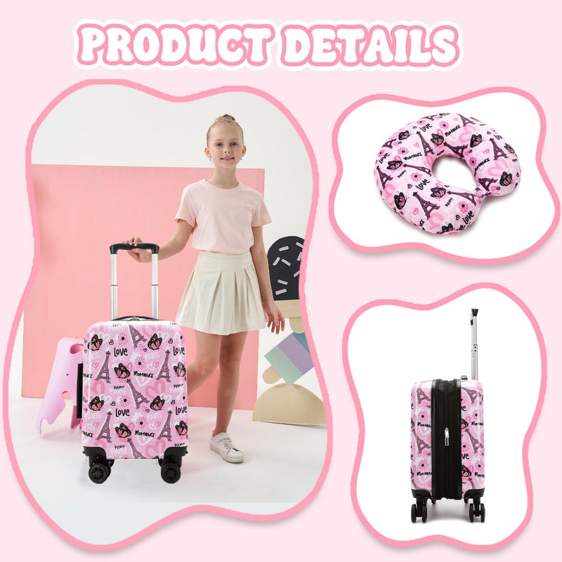 Esteemly Kid's Luggage Set 16" Hardside Luggage with Spinner Wheels 2 Piece Suitcase Set Girls Carry on Toddler Travel Rolling Suitcase with Neck Pillow Airline Approved - Image 4
