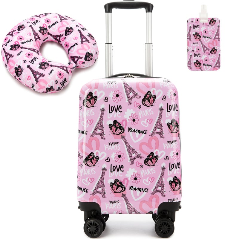 Esteemly Kid's Luggage Set 16" Hardside Luggage with Spinner Wheels 2 Piece Suitcase Set Girls Carry on Toddler Travel Rolling Suitcase with Neck Pillow Airline Approved - Image 1