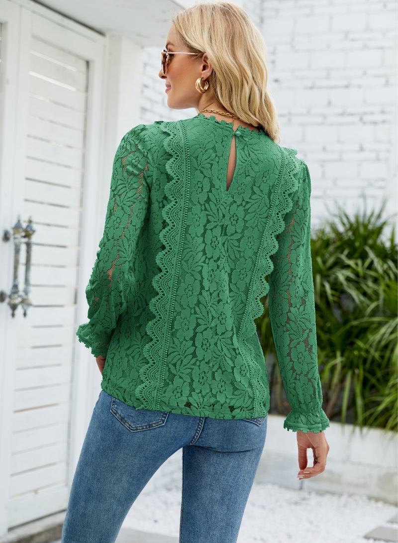 Loquat Solid Colour Cut-Out Lace V-Neck Long Sleeve Lace Top Green  - Image 2