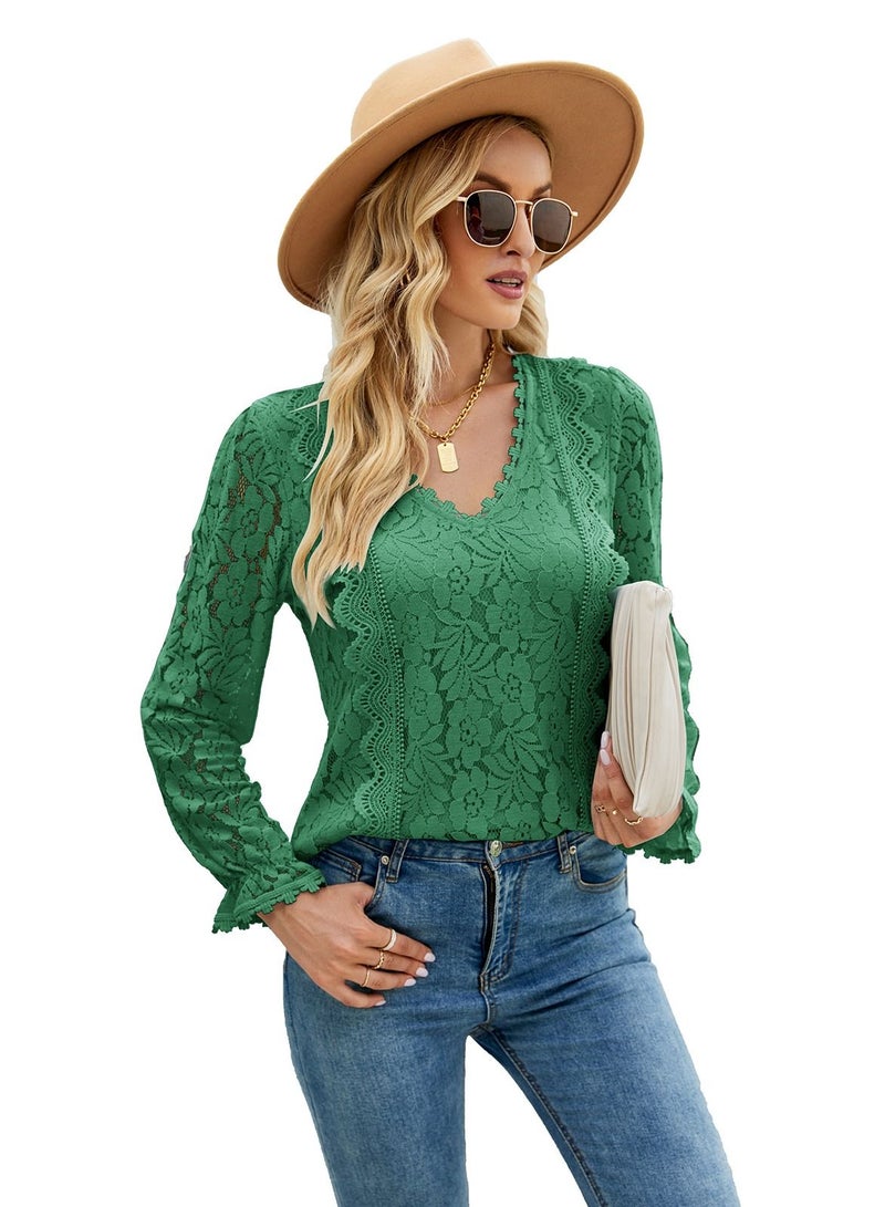 Loquat Solid Colour Cut-Out Lace V-Neck Long Sleeve Lace Top Green  - Image 1
