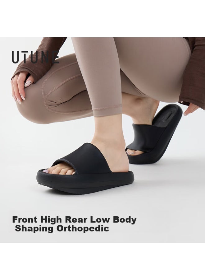 Utune Women's Negative Heel Slippers Thick Sole Non-slip Indoor Stretching Front High Back Low Couple Slippers Summer Black Size 35-36 - Image 1