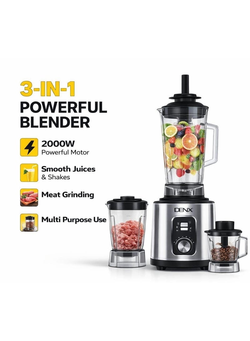 DENX 2000W 3-in-1 Heavy Duty Blender with 3L Jar + Grinder + Meat Mincer, High Speed Multi Function Kitchen Mixer, Smoothie Maker,Juicer, Food Processor for Home & Commercial Use - Image 1