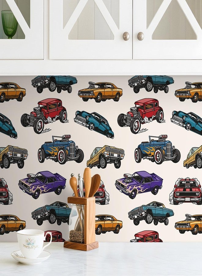 Decotalk Cartoon Car Wallpaper Peel and Stick - Colorful Cars Wallpaper for Kids Room Nursery Vintage Classic Car Wall Paper Vinyl Self Adhesive, 17.5"x120" Cars Vehicle Pattern Vinyl for Playroom - Image 3
