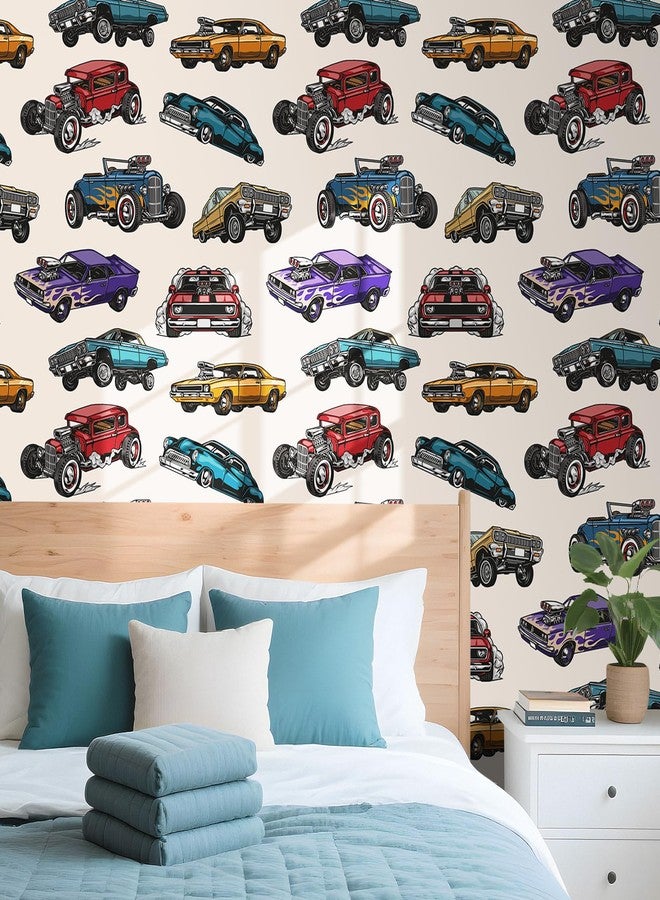 Decotalk Cartoon Car Wallpaper Peel and Stick - Colorful Cars Wallpaper for Kids Room Nursery Vintage Classic Car Wall Paper Vinyl Self Adhesive, 17.5"x120" Cars Vehicle Pattern Vinyl for Playroom - Image 5