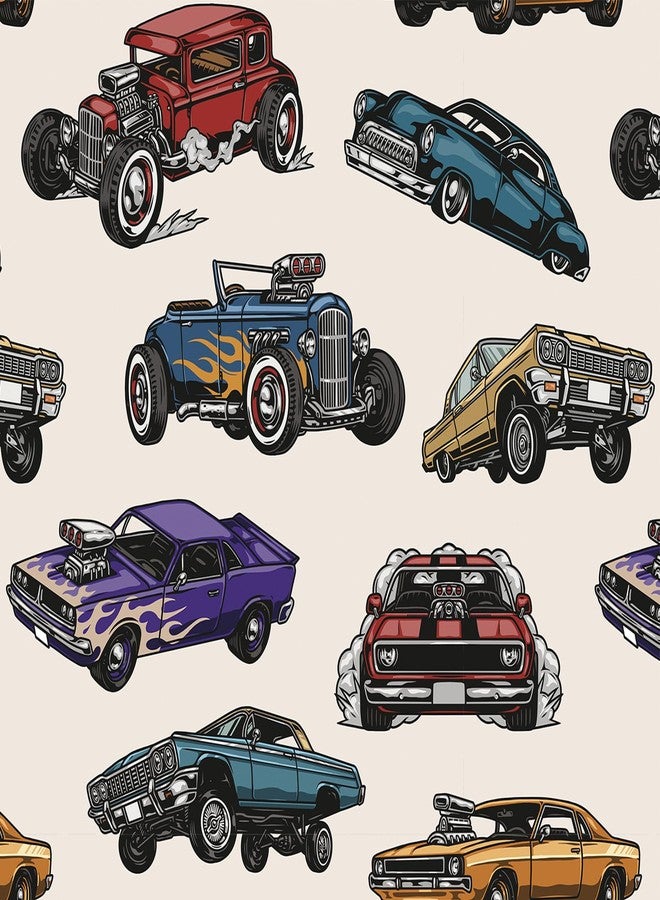 Decotalk Cartoon Car Wallpaper Peel and Stick - Colorful Cars Wallpaper for Kids Room Nursery Vintage Classic Car Wall Paper Vinyl Self Adhesive, 17.5"x120" Cars Vehicle Pattern Vinyl for Playroom - Image 1