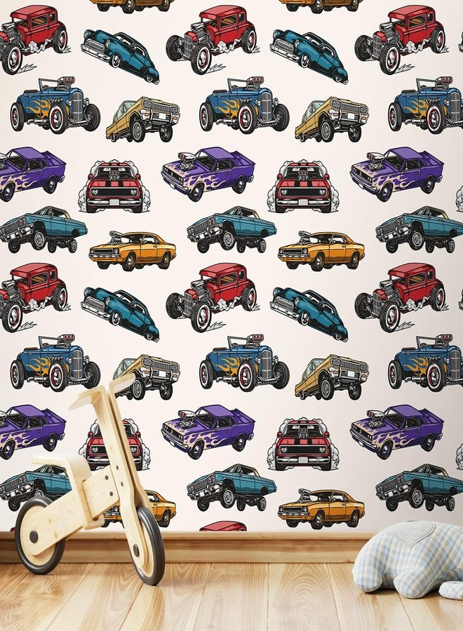 Decotalk Cartoon Car Wallpaper Peel and Stick - Colorful Cars Wallpaper for Kids Room Nursery Vintage Classic Car Wall Paper Vinyl Self Adhesive, 17.5"x120" Cars Vehicle Pattern Vinyl for Playroom - Image 2