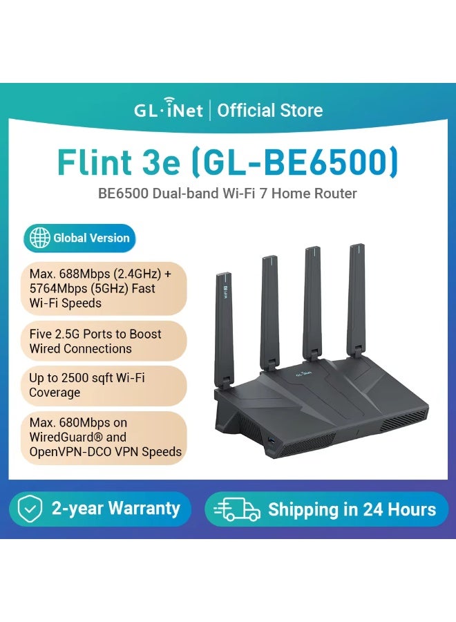 جي أل.آي نت جي ال اي نت GL-BE6500 (فلينت 3e) راوتر WiFi 7، راوتر واي فاي عالي السرعة للإنترنت اللاسلكي مع VPN، مزود بـ 5 منافذ إيثرنت بسرعة 2.5G لمودم الألياف الضوئية، مناسب للمنازل الكبيرة بعيدة المدى وللأعمال وأجهزة الكمبيوتر الخاصة بالألعاب - Image 1