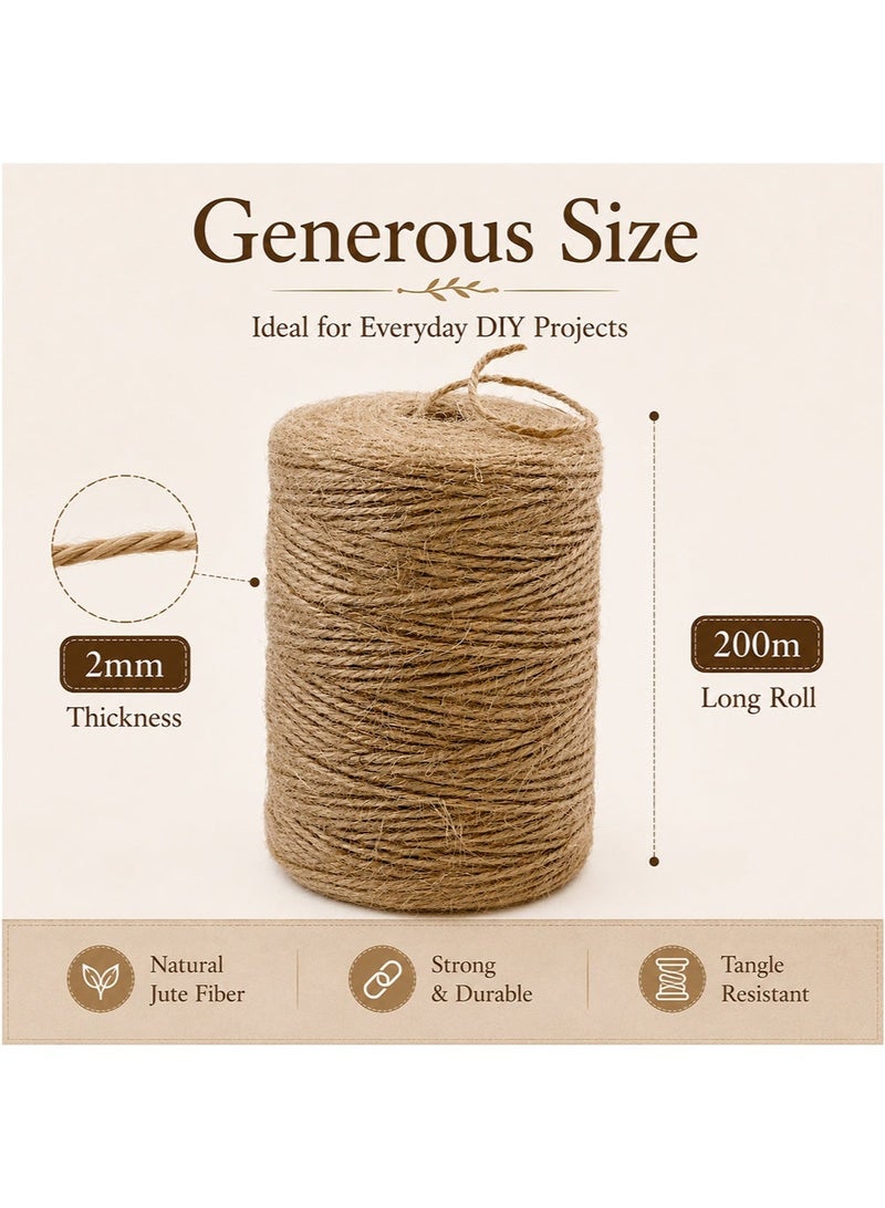 CUNUUDOOL Natural Gift Wrap Ribbons Twine Jute Twine 200m Long Twine String for Crafts Gift Wrapping Packing Gardening Crochet Knitting Macrame Decor (Brown 2mm×200m) - Image 2