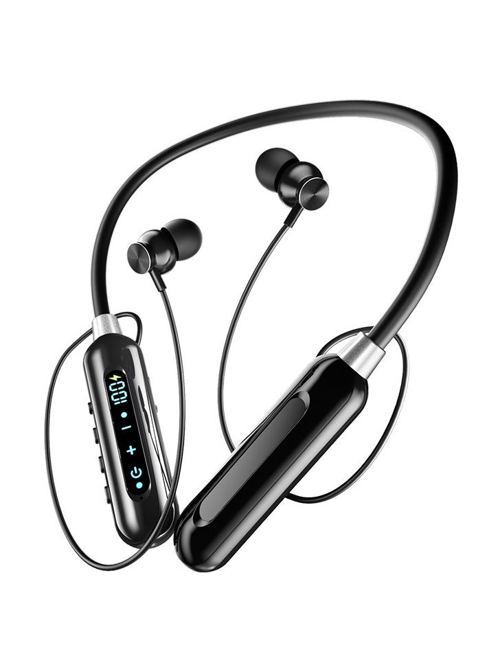 Digital Display Neck-hanging Bluetooth Earphones In-ear Sports Neck-hanging Large Power Ultra-long Battery Life Magnetic Wireless Earphones (Black) - Image 1