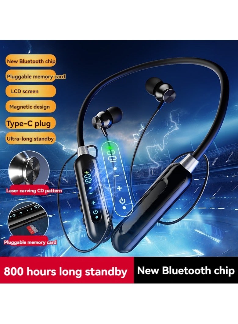 Digital Display Neck-hanging Bluetooth Earphones In-ear Sports Neck-hanging Large Power Ultra-long Battery Life Magnetic Wireless Earphones (Black) - Image 2
