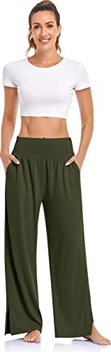 UEU Womens Wide Leg Yoga Pants High Waisted Adjustable Tie Knot Joggers Casual Loose Plus Size Lounge Sweatpants with Pockets (Army Green, M) - Image 2