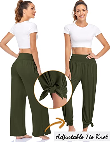 UEU Womens Wide Leg Yoga Pants High Waisted Adjustable Tie Knot Joggers Casual Loose Plus Size Lounge Sweatpants with Pockets (Army Green, M) - Image 4