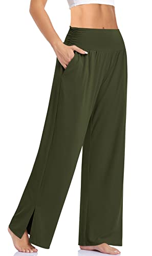 UEU Womens Wide Leg Yoga Pants High Waisted Adjustable Tie Knot Joggers Casual Loose Plus Size Lounge Sweatpants with Pockets (Army Green, M) - Image 1
