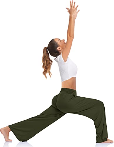 UEU Womens Wide Leg Yoga Pants High Waisted Adjustable Tie Knot Joggers Casual Loose Plus Size Lounge Sweatpants with Pockets (Army Green, M) - Image 3