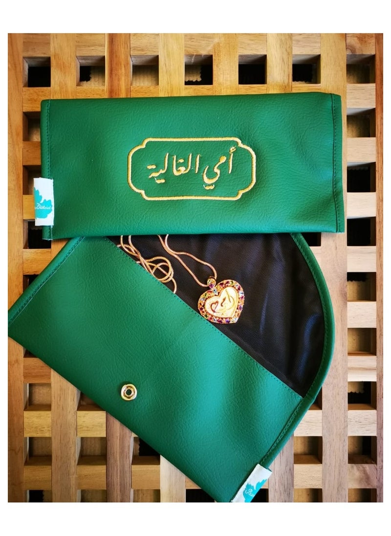 Passion District - Green leather wallet bag with arabic special message for Mother in gold embroidery(My Dear Mother) - Image 1