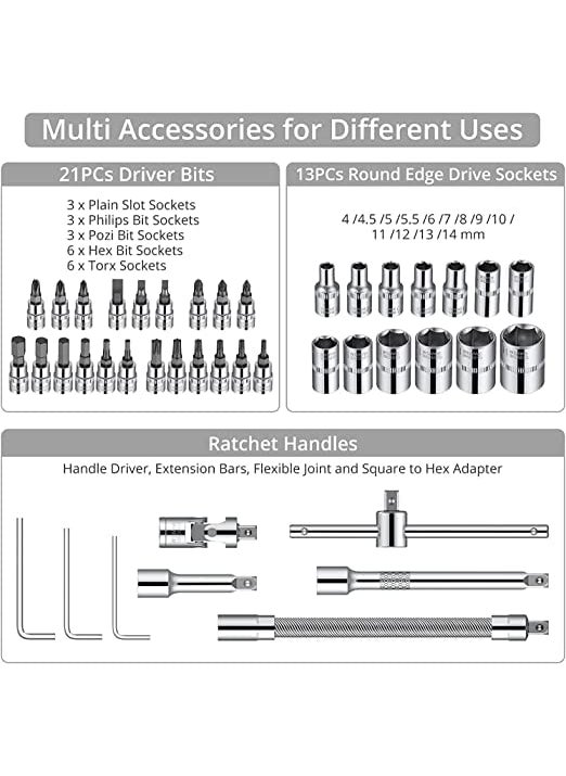 AZCONA IMPEX AZCONA IMPEX 46 in 1 Pcs Combination Wrench SetSocket Car Bike Repairing Hand Tool Long Handle Kit 46pcs Combo Tools Repair 14 Ratchet Torque Box for Spanner Force Multi Purpose Case  - Image 2