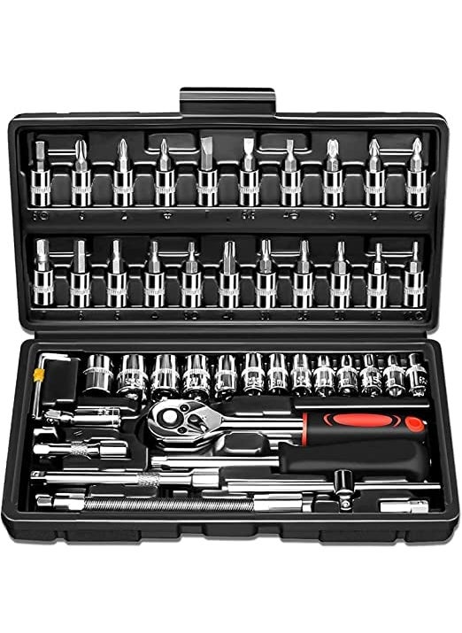 AZCONA IMPEX AZCONA IMPEX 46 in 1 Pcs Combination Wrench SetSocket Car Bike Repairing Hand Tool Long Handle Kit 46pcs Combo Tools Repair 14 Ratchet Torque Box for Spanner Force Multi Purpose Case  - Image 1