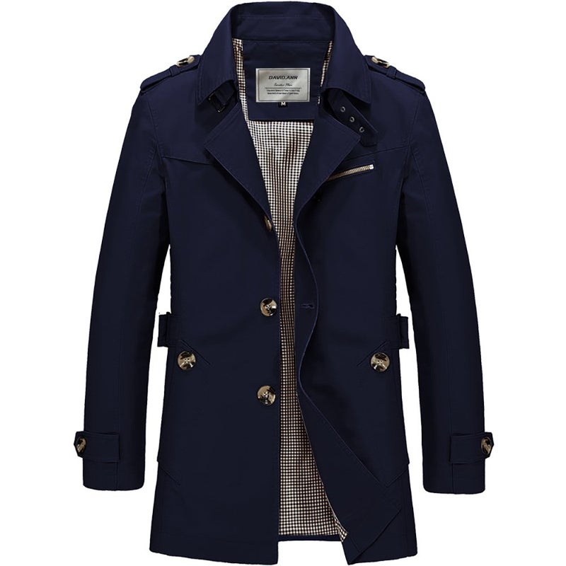 DAVID.ANN Men's Windbreaker Notch Lapel Single Breasted Coat,Dark blue,Medium - Image 1