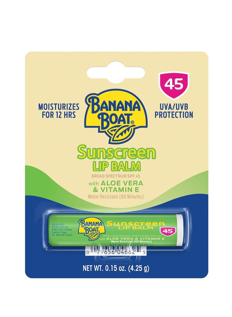 BANANA BOAT Banana Boat Sunscreen Lip Balm SPF 45 with Aloe Vera & Vitamin E, 0.15oz | Lip SPF, Aloe Vera Lip Balm with SPF, Vitamin E Lip Balm, Moisturizing Lip Balm, Lip Sunblock, Travel Sunscreen, 0.15oz - Image 1