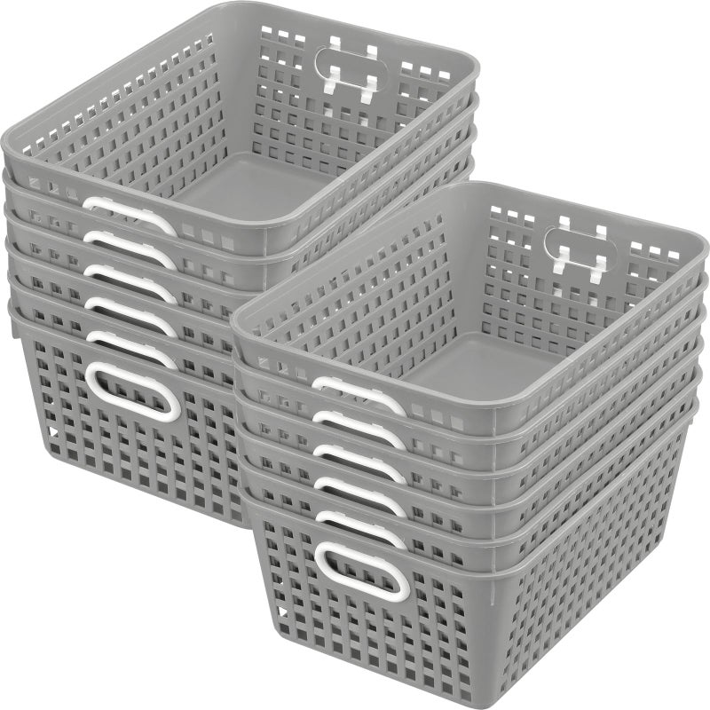 Really Good Stuff - 160016PE Multi-Purpose Plastic Storage Baskets for Classroom or Home Use - Stackable Mesh Plastic Baskets with Grip Handles 13" x 10" (Pebble - Set of 12) - Image 1