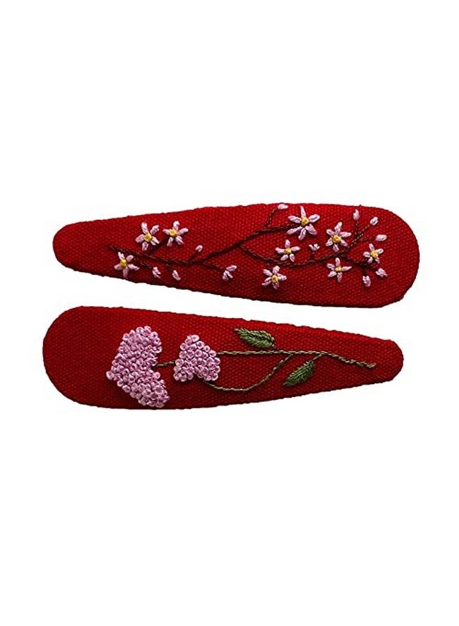 ETA Set Of 2 Cute Handmade Embroidery Hair Clips Vintage Embroidered Flower Hair Clips Floral Hair Clips Gift Daughter Teenager Woman Girlfriend Wife Unique Hair Accessory Red Hc02 - Image 1