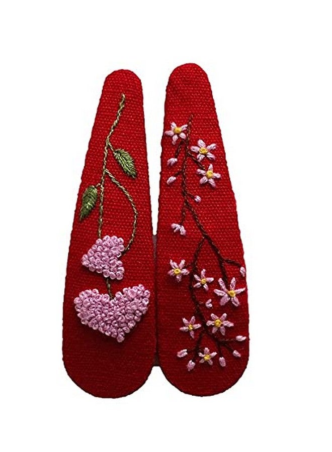 ETA Set Of 2 Cute Handmade Embroidery Hair Clips Vintage Embroidered Flower Hair Clips Floral Hair Clips Gift Daughter Teenager Woman Girlfriend Wife Unique Hair Accessory Red Hc02 - Image 4