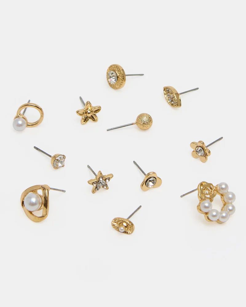 REDTAG Women Gold 12 Piece Stud Earrings Set