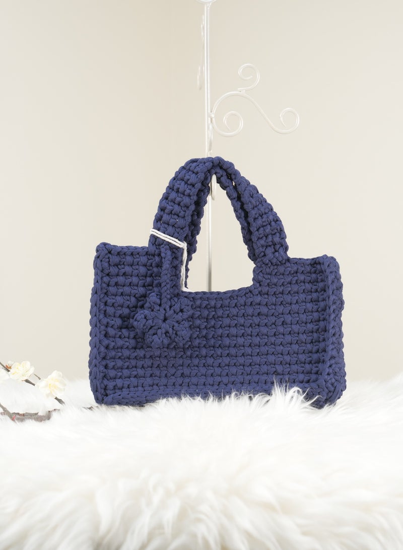 RandSac Navy Blue Crochet Handbag with Flower Detailing on Handle - Image 1