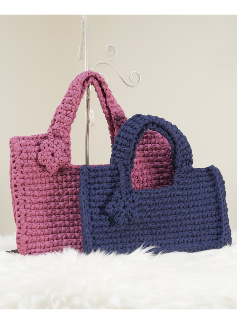 RandSac Navy Blue Crochet Handbag with Flower Detailing on Handle - Image 2