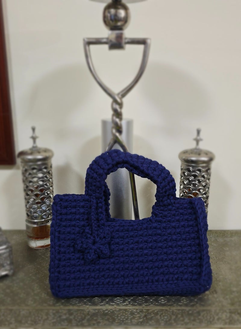 RandSac Navy Blue Crochet Handbag with Flower Detailing on Handle - Image 3