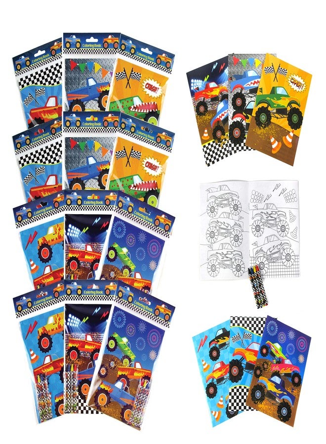 TINYMILLS Monster Truck Coloring Book Set with 12 Coloring Books and 48 Crayons Monster Truck Birthday Party Supplies Favor Bag Filler Carnival Prizes Rewards Classroom Party - Image 1